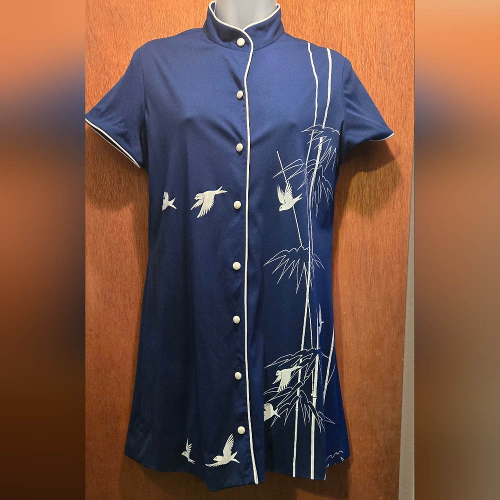 Shaheen Vintage mandarin Blue Dress w/ Bird &Bamboo szS - Picture 2 of 9